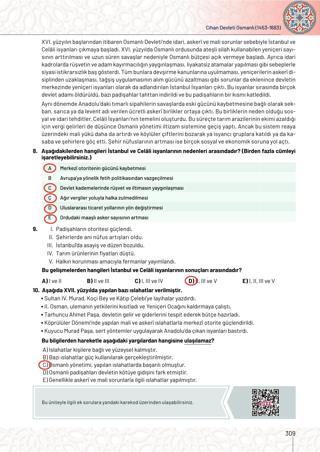 10. Sınıf Meb Yayınları Tarih Ders Kitabı Sayfa 309 Cevapları