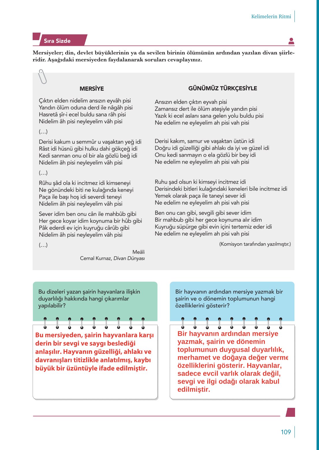 10. Sınıf Meb Yayınları Türk Dili Ve Edebiyatı Ders Kitabı Sayfa 109 Cevapları