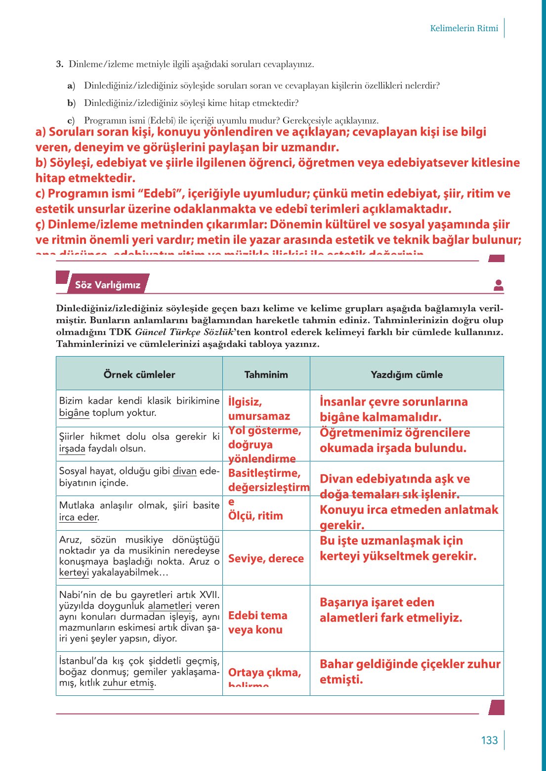 10. Sınıf Meb Yayınları Türk Dili Ve Edebiyatı Ders Kitabı Sayfa 133 Cevapları