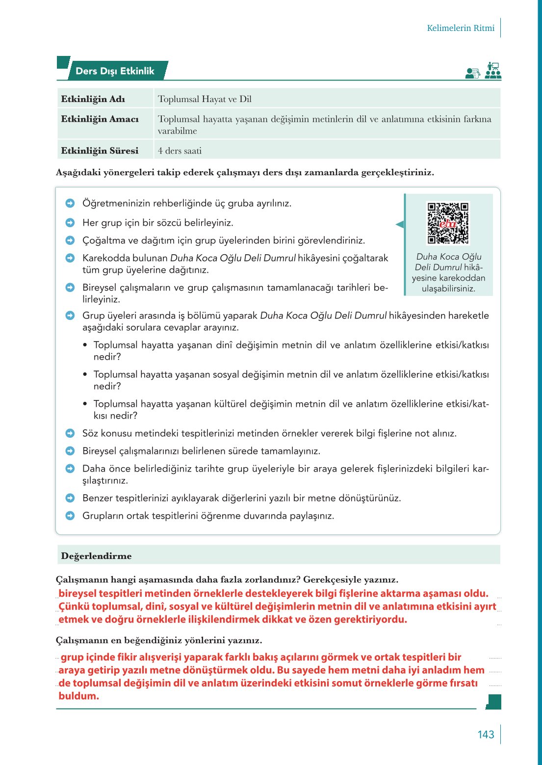 10. Sınıf Meb Yayınları Türk Dili Ve Edebiyatı Ders Kitabı Sayfa 143 Cevapları