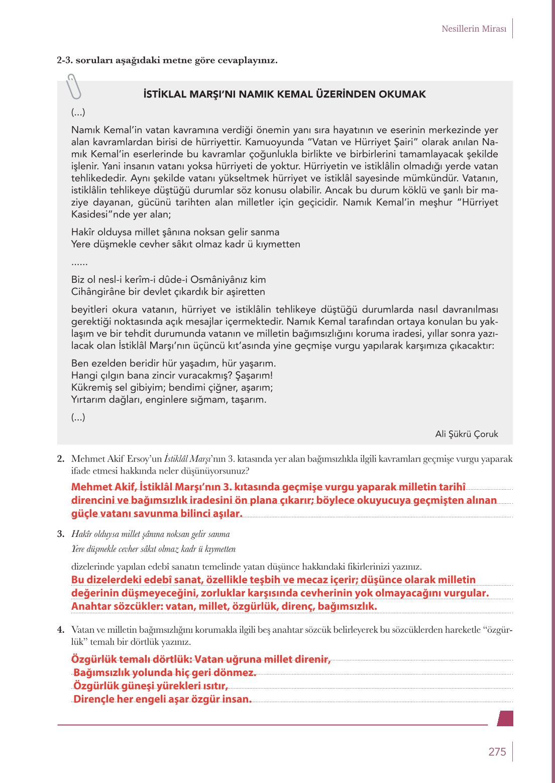10. Sınıf Meb Yayınları Türk Dili Ve Edebiyatı Ders Kitabı Sayfa 275 Cevapları