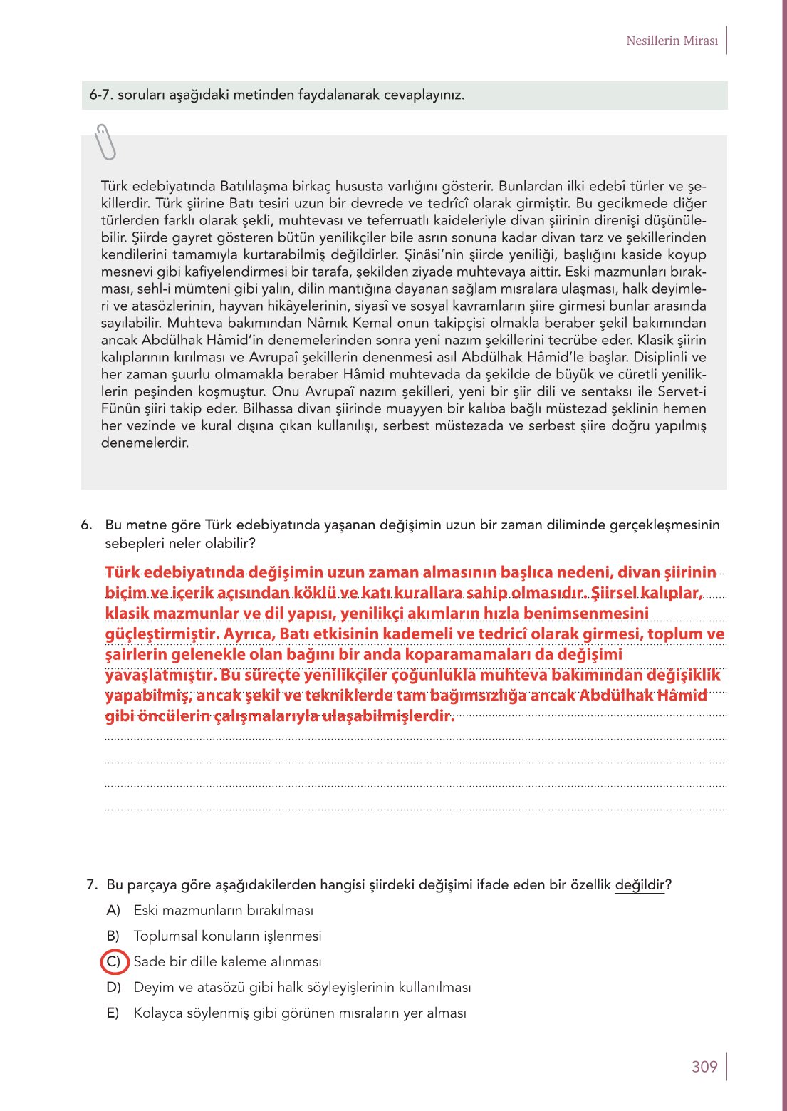 10. Sınıf Meb Yayınları Türk Dili Ve Edebiyatı Ders Kitabı Sayfa 309 Cevapları