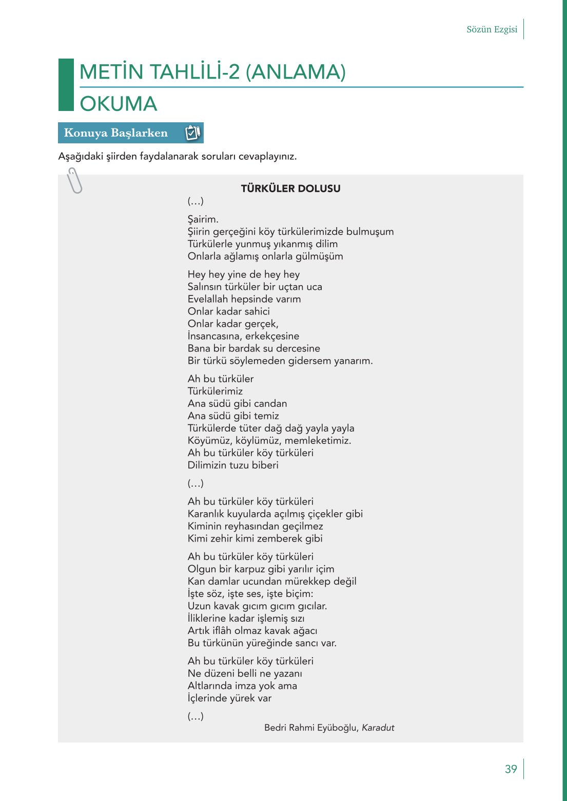 10. Sınıf Meb Yayınları Türk Dili Ve Edebiyatı Ders Kitabı Sayfa 39 Cevapları