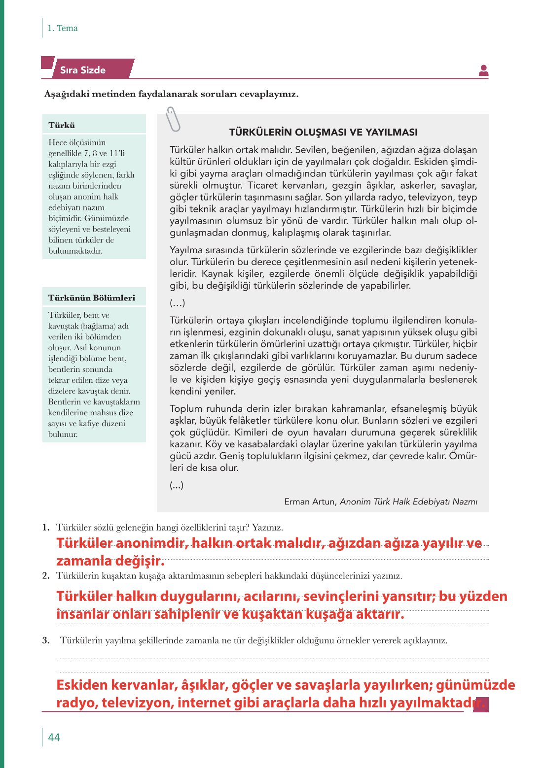 10. Sınıf Meb Yayınları Türk Dili Ve Edebiyatı Ders Kitabı Sayfa 44 Cevapları