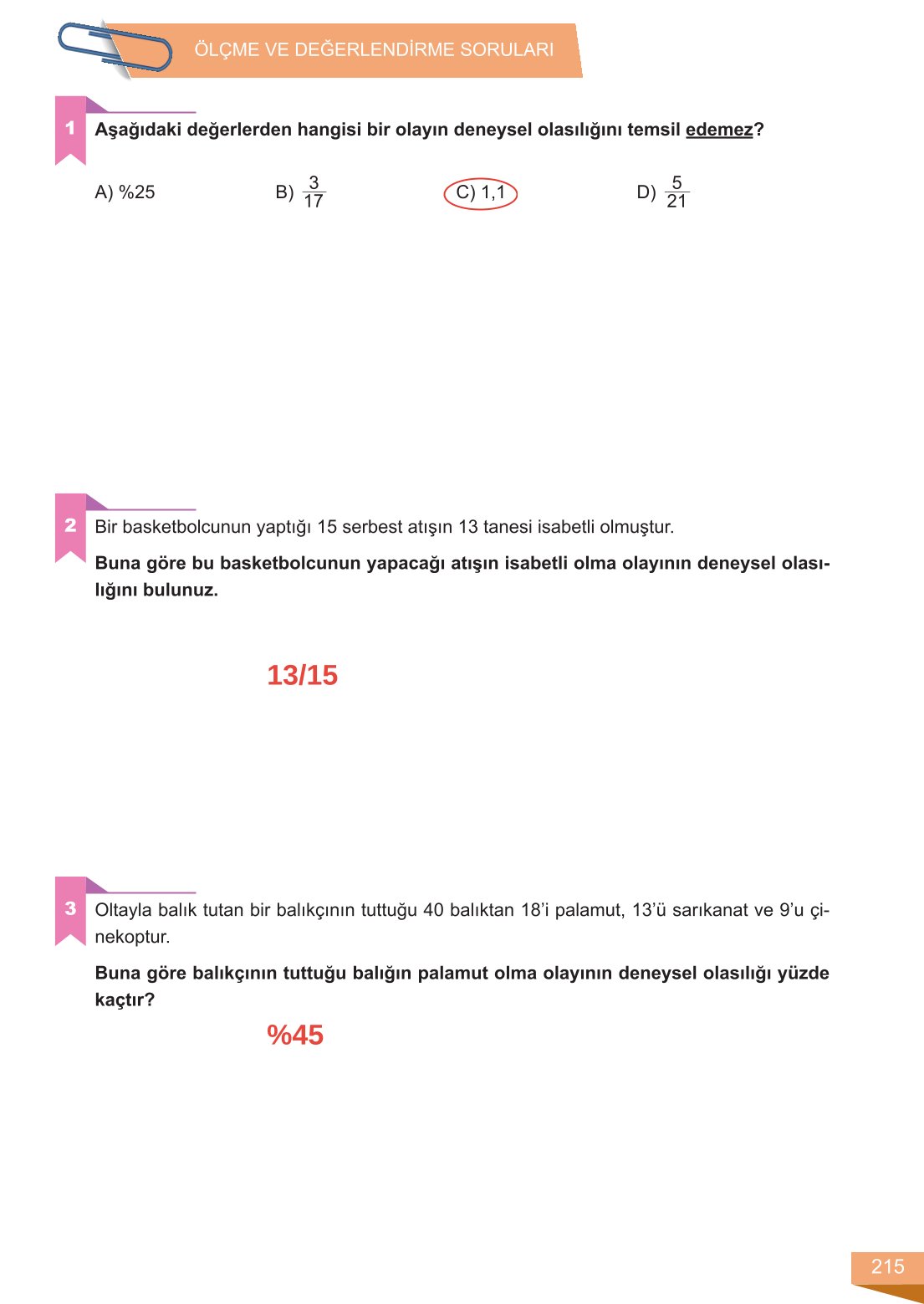 6. Sınıf Meb Yayınları Matematik Ders Kitabı Sayfa 215 Cevapları