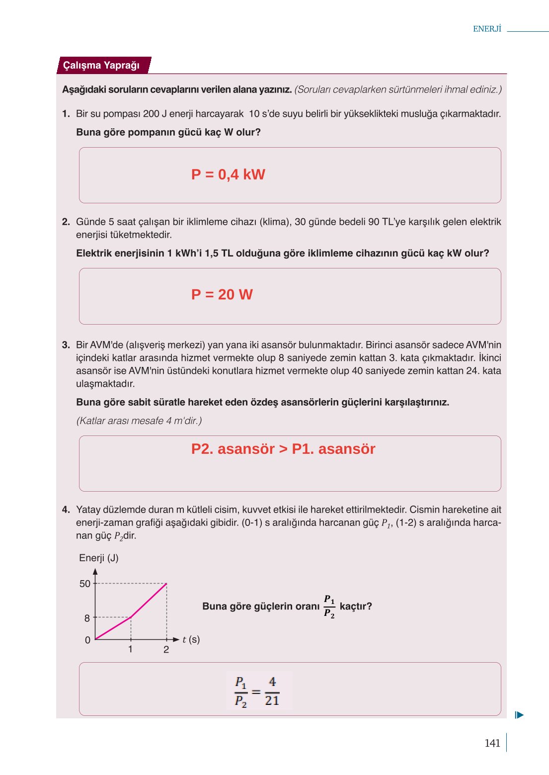10. Sınıf Meb Yayınları Fizik Ders Kitabı Sayfa 141 Cevapları