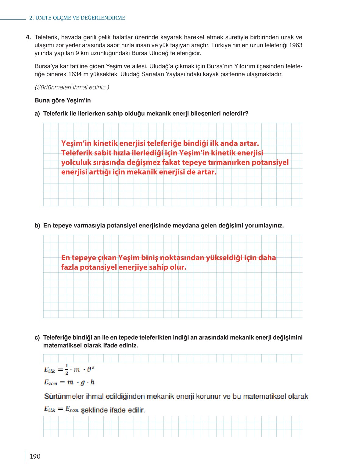 10. Sınıf Meb Yayınları Fizik Ders Kitabı Sayfa 190 Cevapları