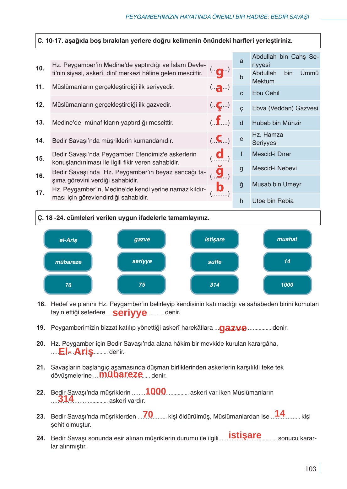 10. Sınıf Meb Yayınları Peygamberimizin Hayatı Ders Kitabı Sayfa 103 Cevapları