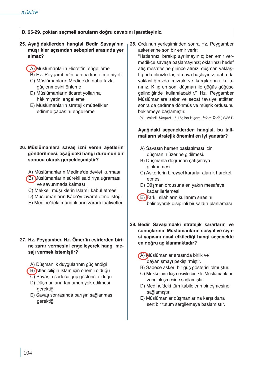 10. Sınıf Meb Yayınları Peygamberimizin Hayatı Ders Kitabı Sayfa 104 Cevapları