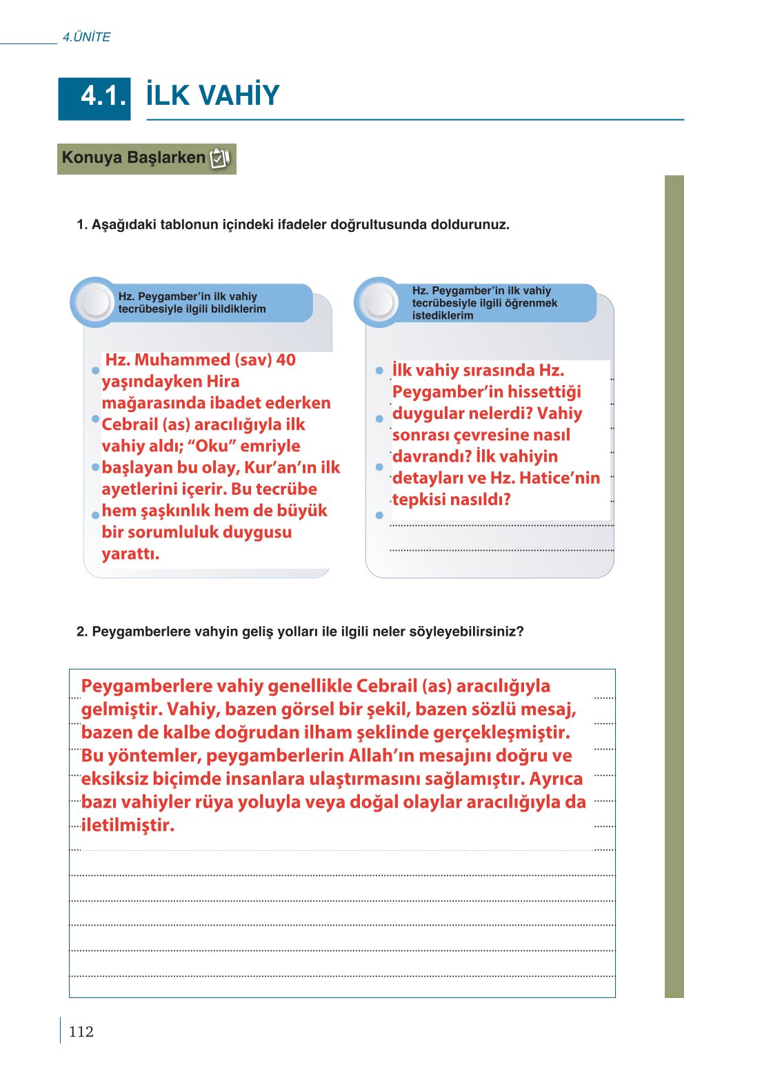 10. Sınıf Meb Yayınları Peygamberimizin Hayatı Ders Kitabı Sayfa 112 Cevapları