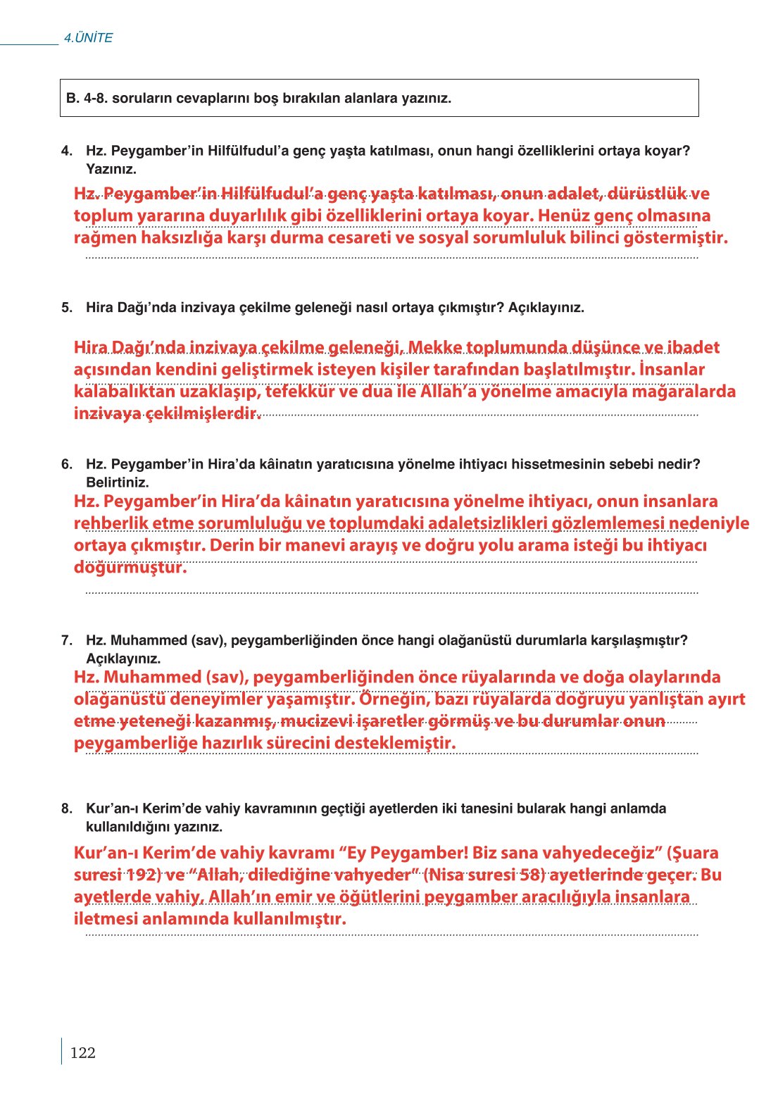 10. Sınıf Meb Yayınları Peygamberimizin Hayatı Ders Kitabı Sayfa 122 Cevapları