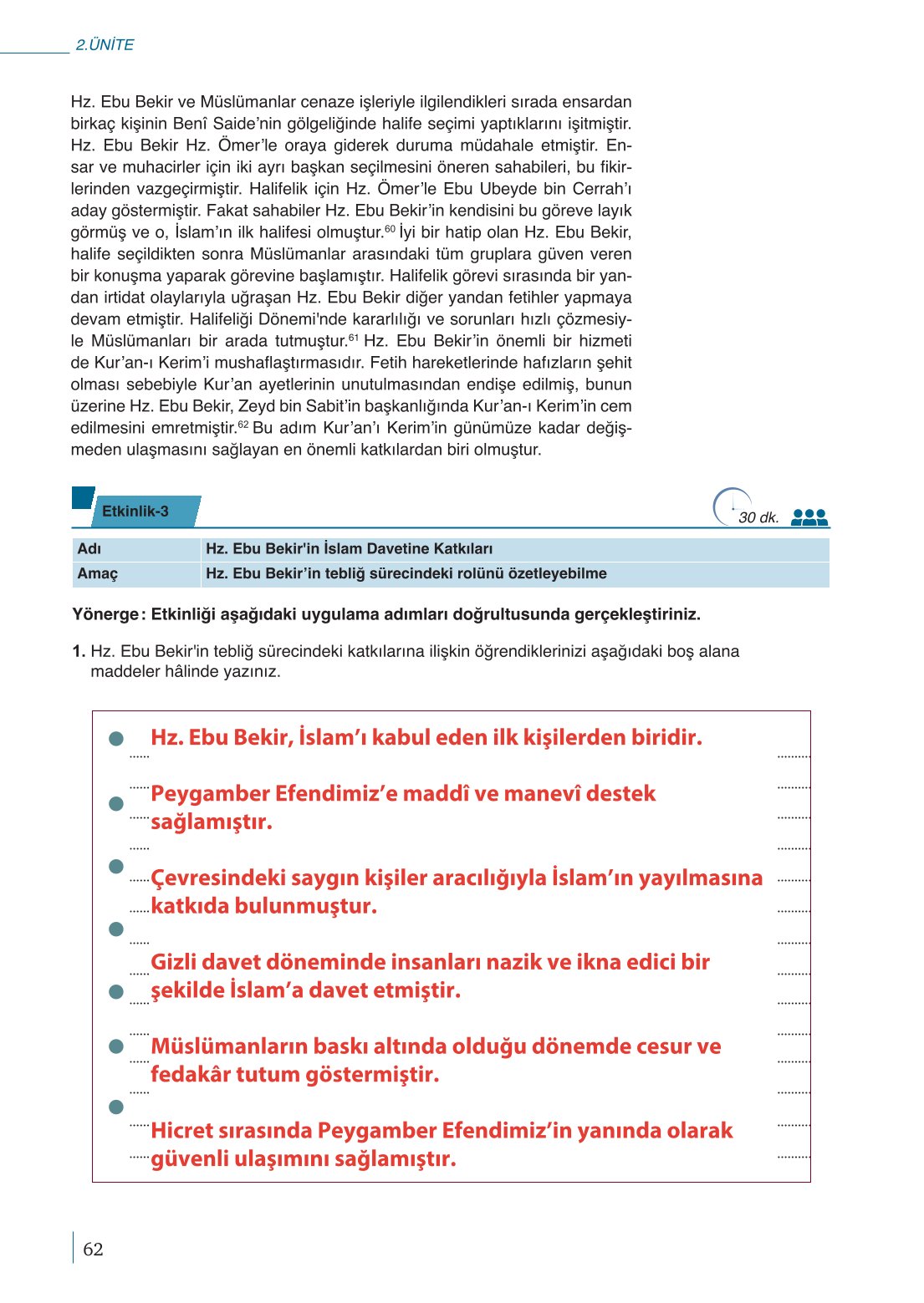 10. Sınıf Meb Yayınları Peygamberimizin Hayatı Ders Kitabı Sayfa 62 Cevapları