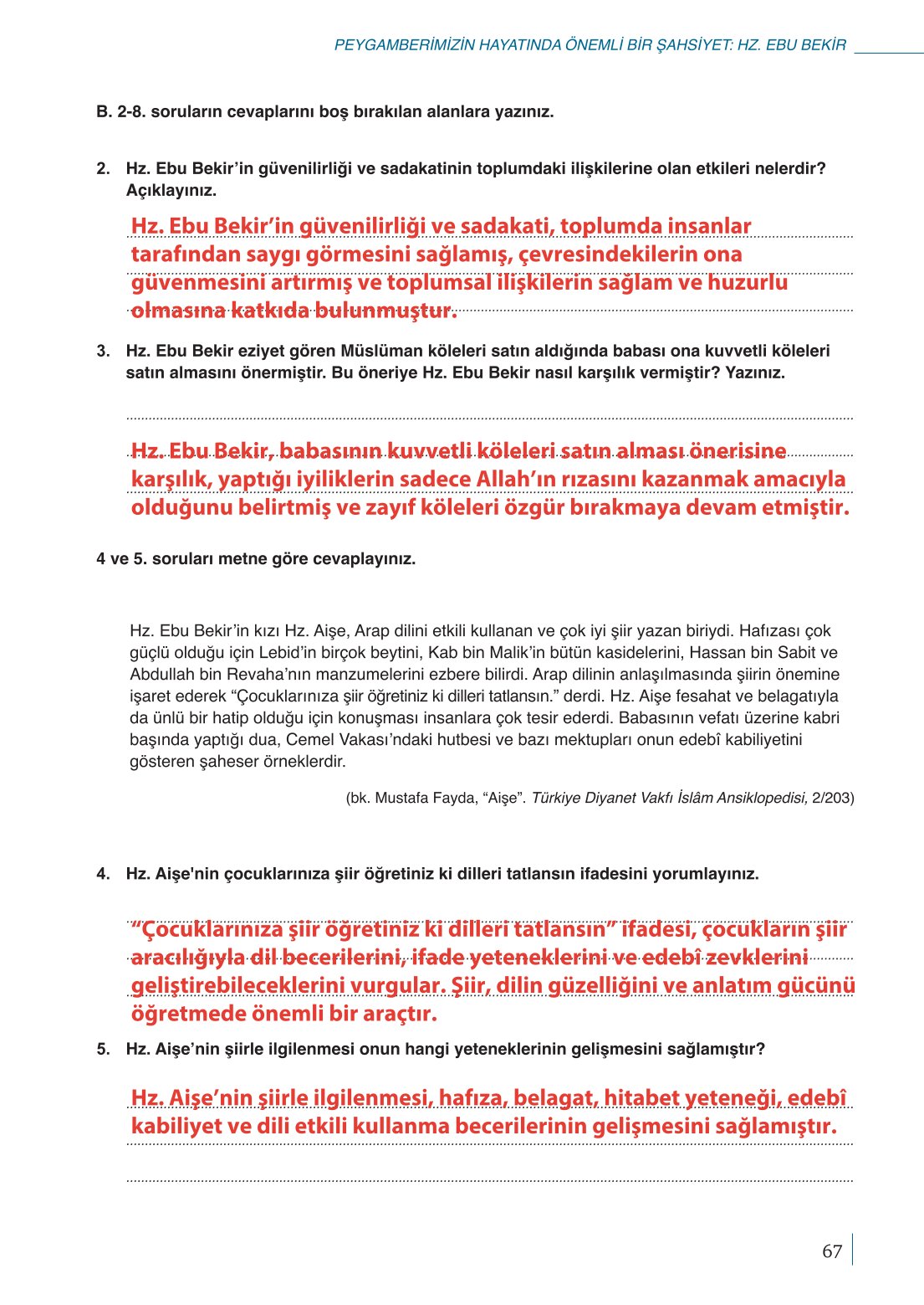 10. Sınıf Meb Yayınları Peygamberimizin Hayatı Ders Kitabı Sayfa 67 Cevapları