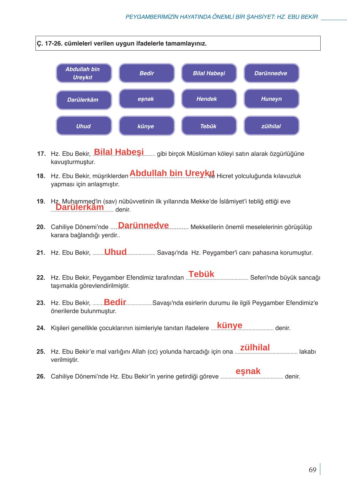 10. Sınıf Meb Yayınları Peygamberimizin Hayatı Ders Kitabı Sayfa 69 Cevapları