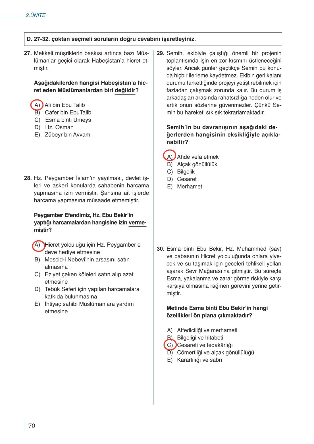 10. Sınıf Meb Yayınları Peygamberimizin Hayatı Ders Kitabı Sayfa 70 Cevapları