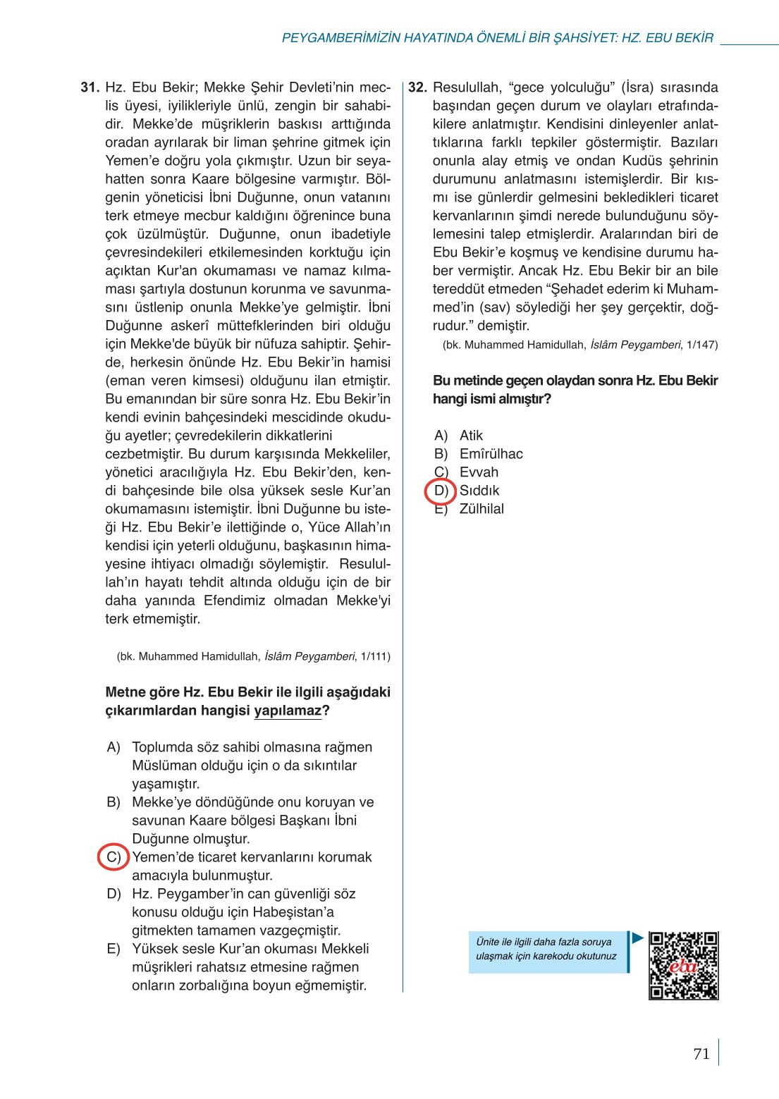 10. Sınıf Meb Yayınları Peygamberimizin Hayatı Ders Kitabı Sayfa 71 Cevapları