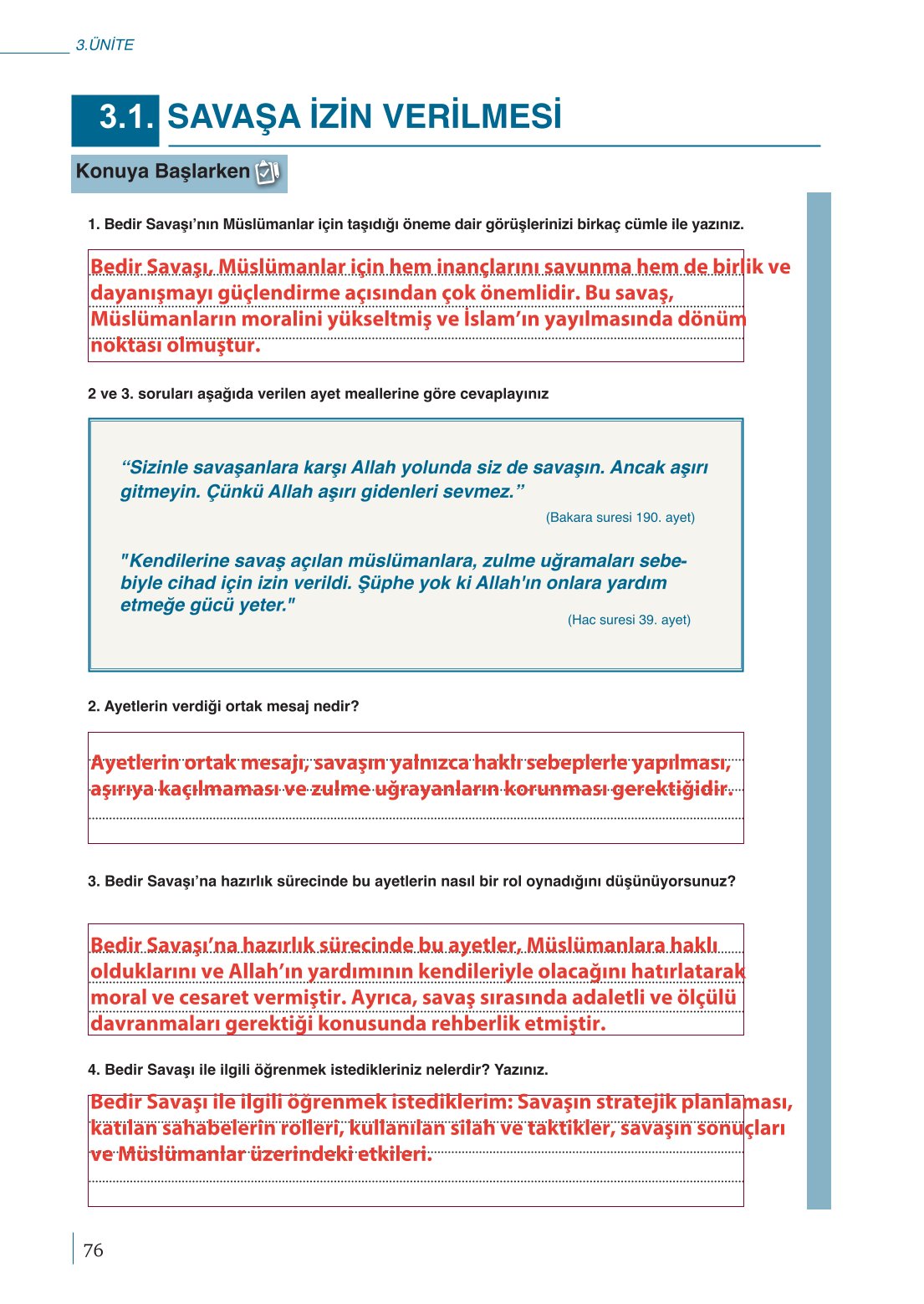 10. Sınıf Meb Yayınları Peygamberimizin Hayatı Ders Kitabı Sayfa 76 Cevapları