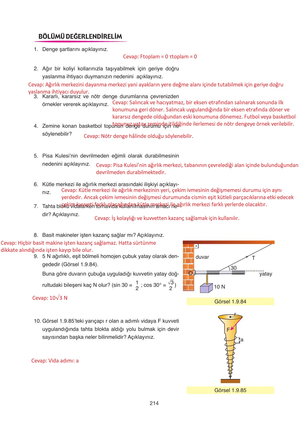 11. Sınıf Ata Yayıncılık Fizik Ders Kitabı Sayfa 214 Cevapları