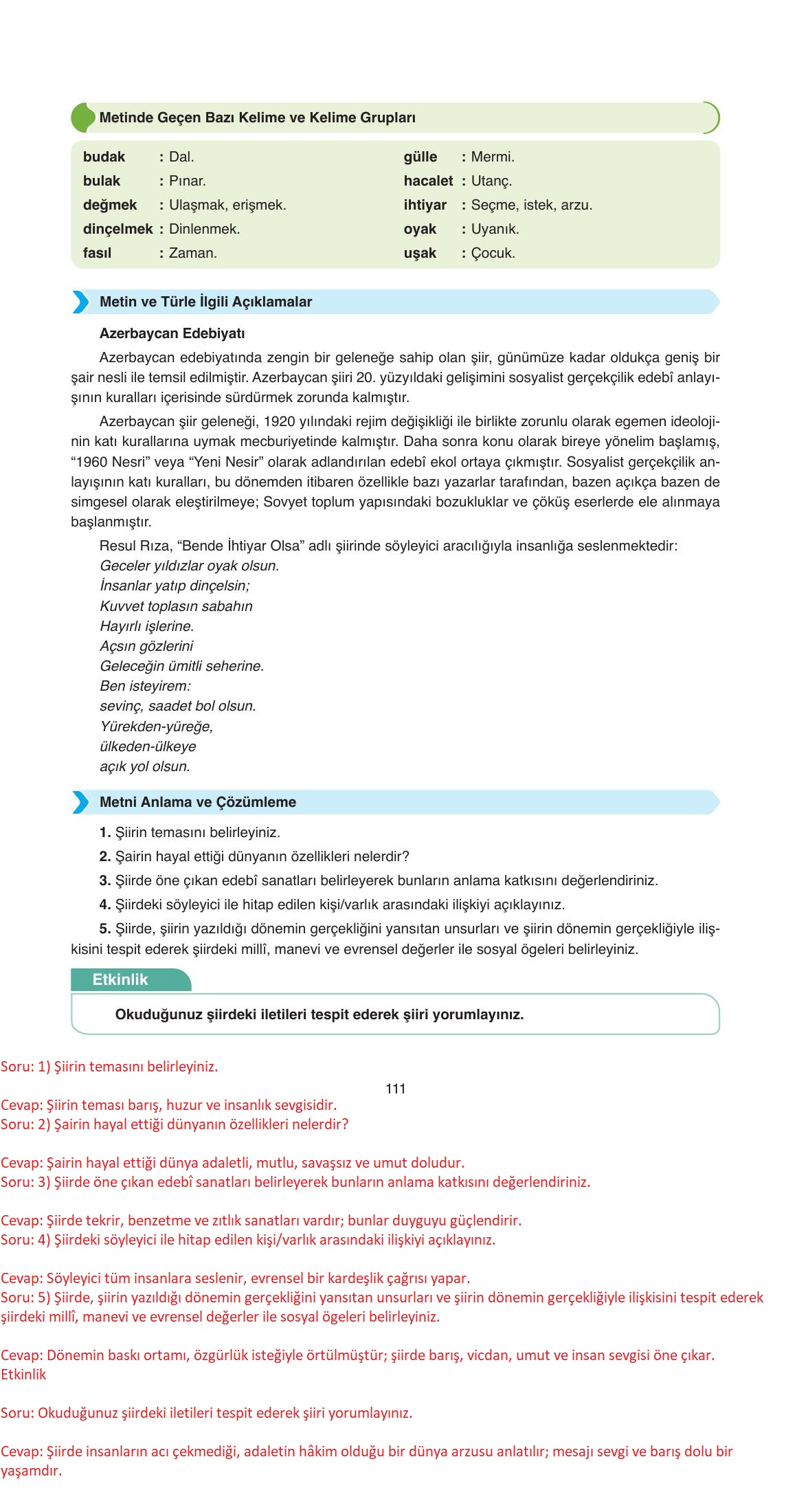 11. Sınıf Ata Yayıncılık Türk Dili Ve Edebiyatı Ders Kitabı Sayfa 111 Cevapları