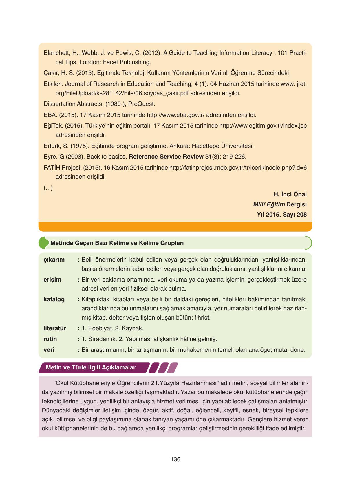 11. Sınıf Ata Yayıncılık Türk Dili Ve Edebiyatı Ders Kitabı Sayfa 136 Cevapları