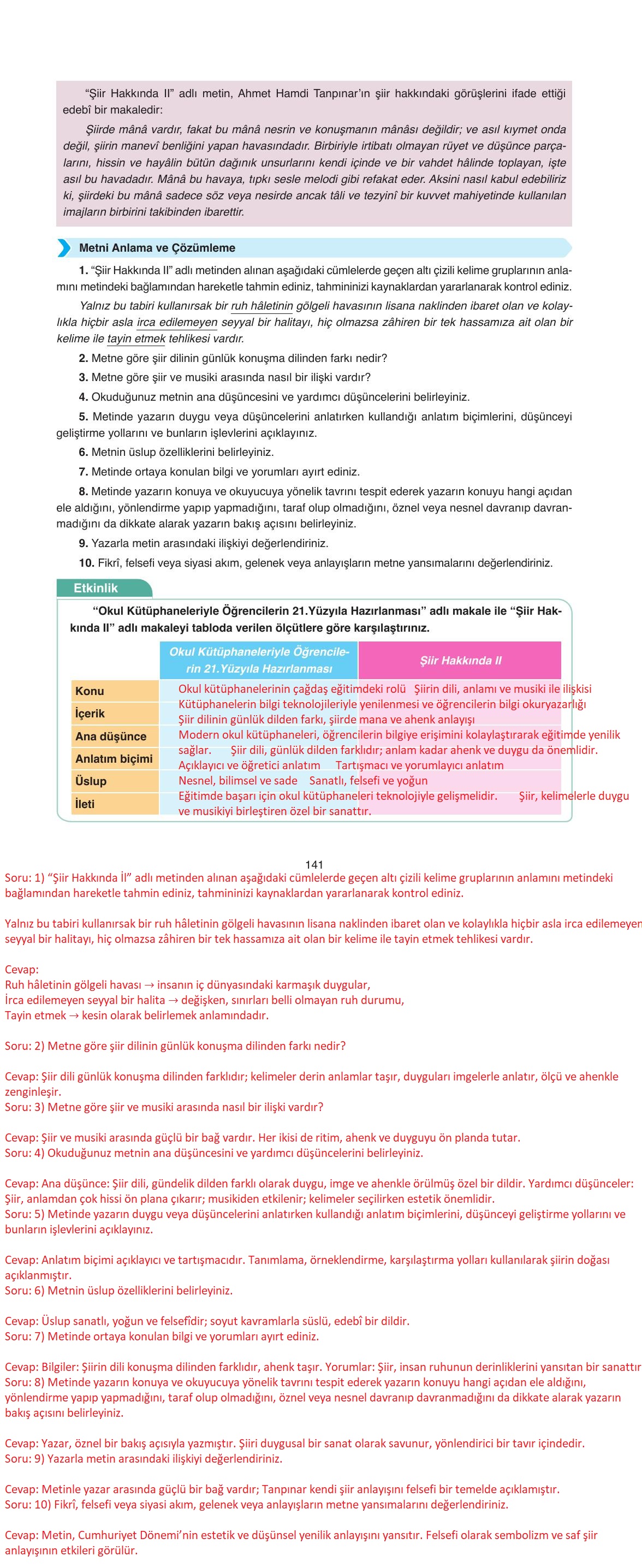 11. Sınıf Ata Yayıncılık Türk Dili Ve Edebiyatı Ders Kitabı Sayfa 141 Cevapları