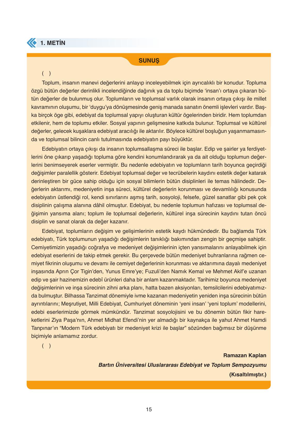 11. Sınıf Ata Yayıncılık Türk Dili Ve Edebiyatı Ders Kitabı Sayfa 15 Cevapları