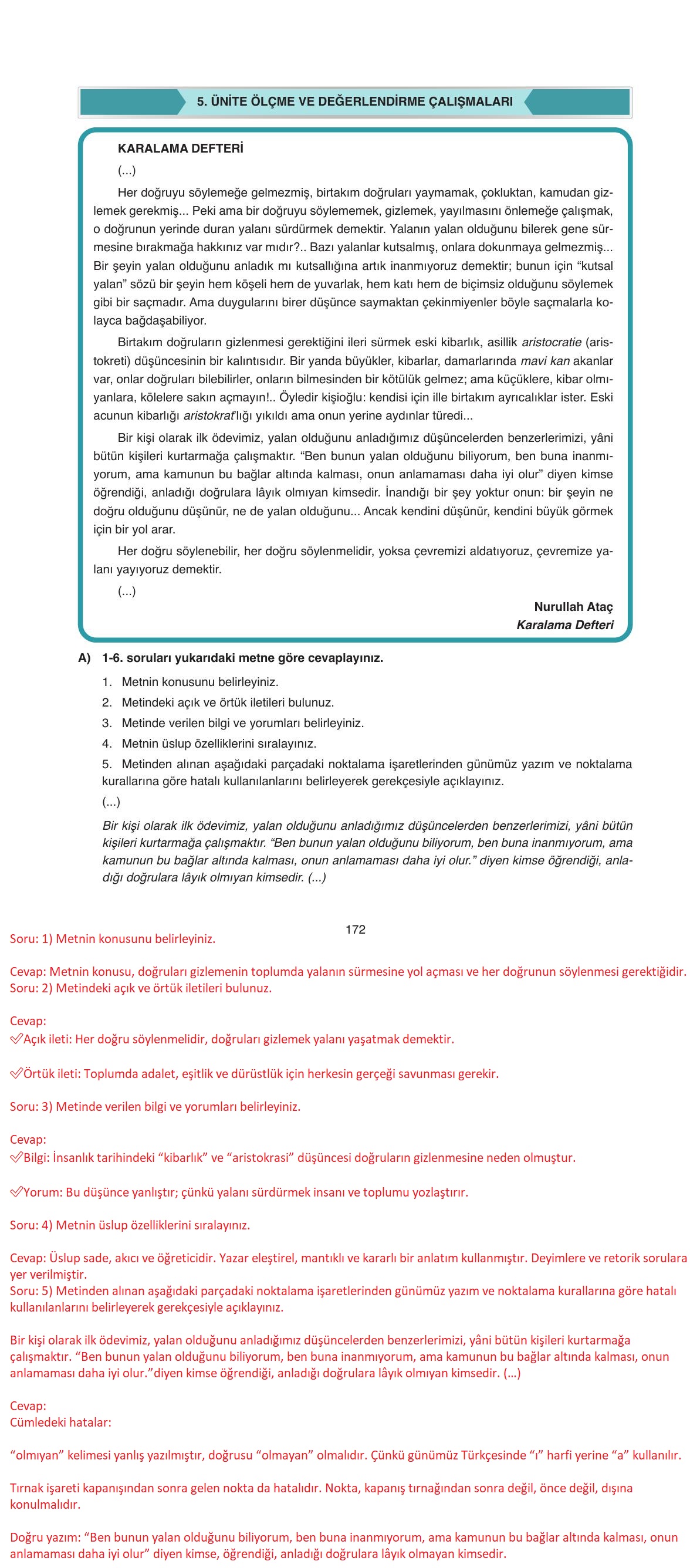 11. Sınıf Ata Yayıncılık Türk Dili Ve Edebiyatı Ders Kitabı Sayfa 172 Cevapları