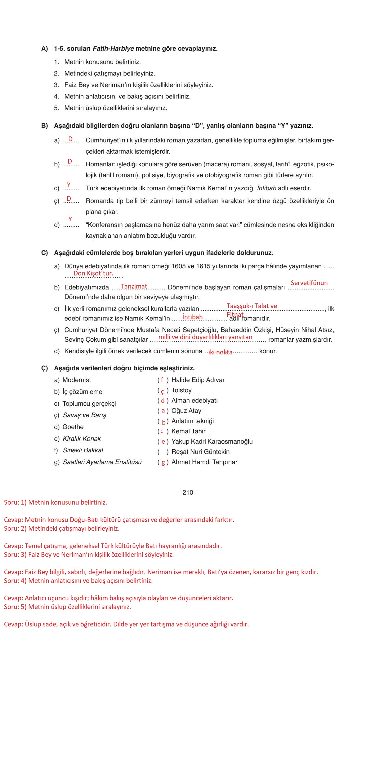 11. Sınıf Ata Yayıncılık Türk Dili Ve Edebiyatı Ders Kitabı Sayfa 210 Cevapları
