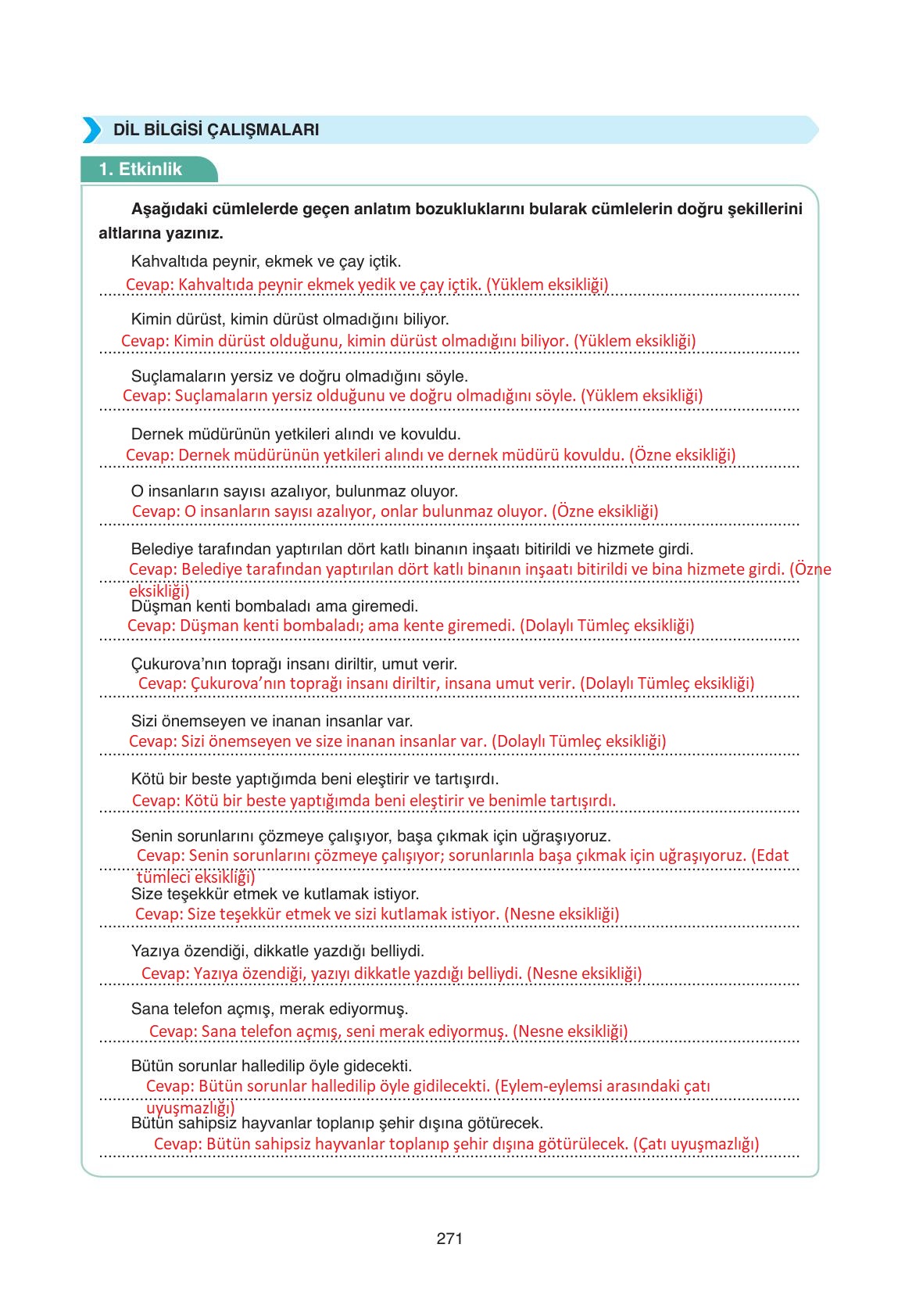 11. Sınıf Ata Yayıncılık Türk Dili Ve Edebiyatı Ders Kitabı Sayfa 271 Cevapları