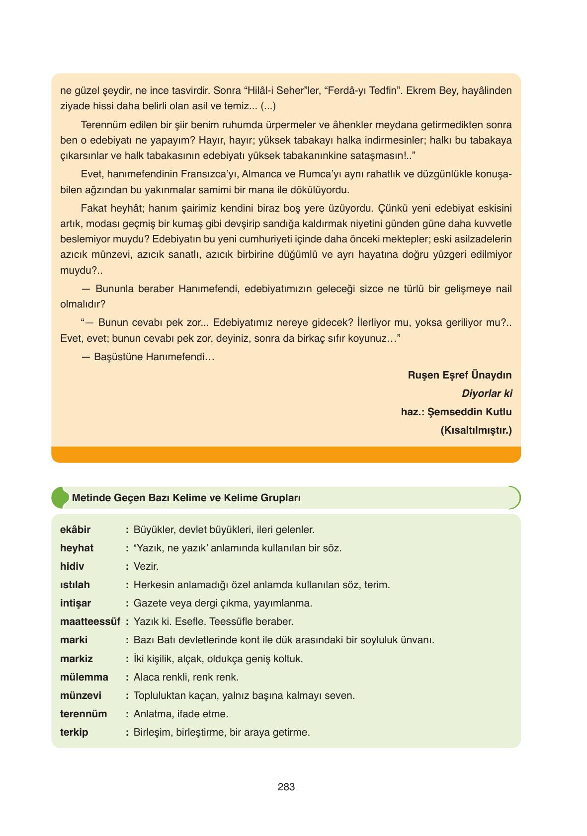 11. Sınıf Ata Yayıncılık Türk Dili Ve Edebiyatı Ders Kitabı Sayfa 283 Cevapları