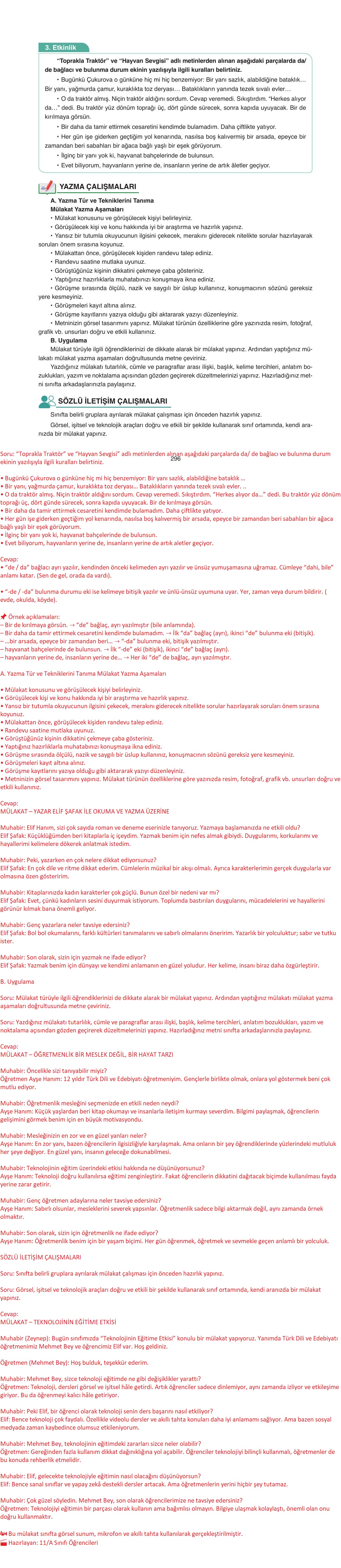 11. Sınıf Ata Yayıncılık Türk Dili Ve Edebiyatı Ders Kitabı Sayfa 296 Cevapları