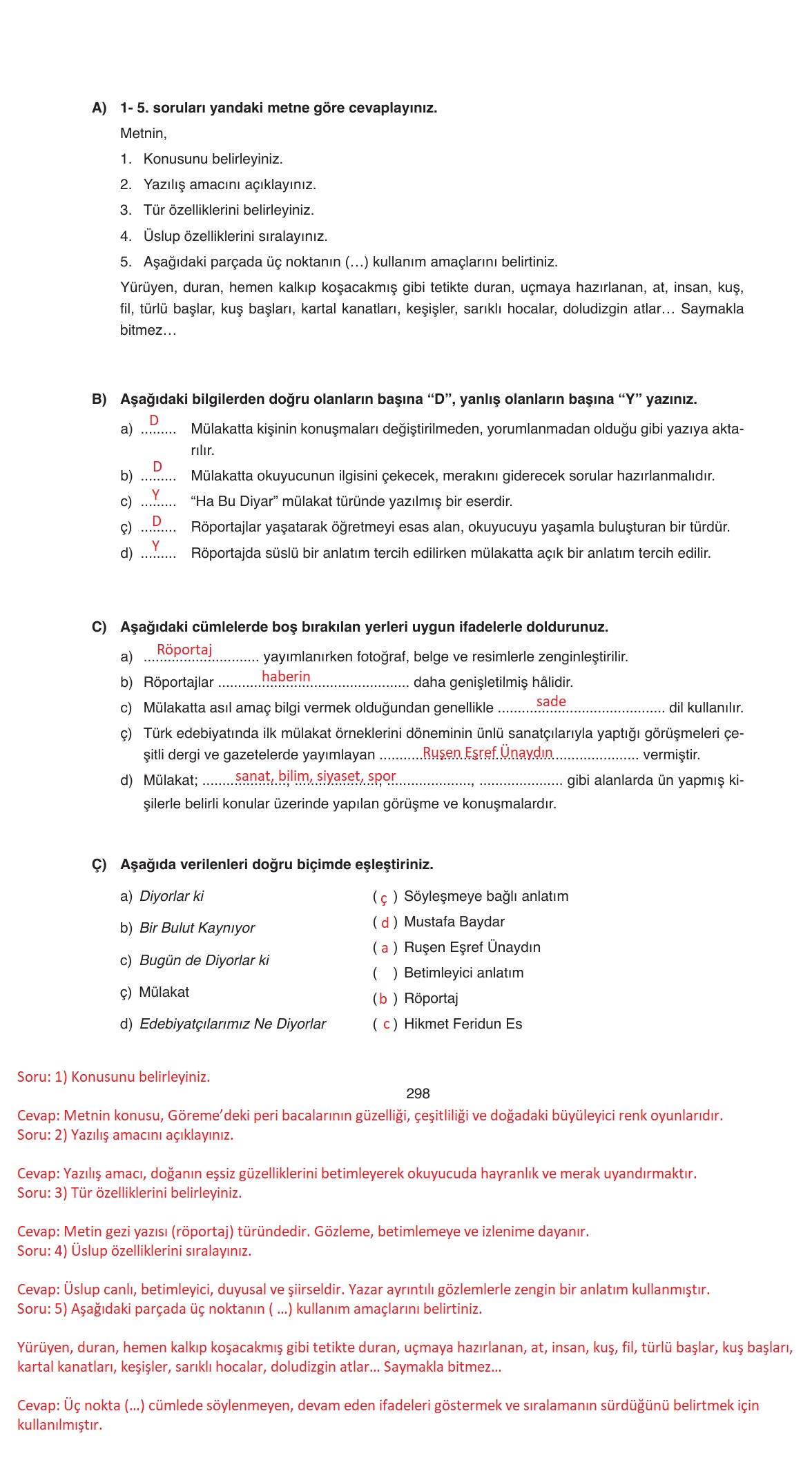 11. Sınıf Ata Yayıncılık Türk Dili Ve Edebiyatı Ders Kitabı Sayfa 298 Cevapları