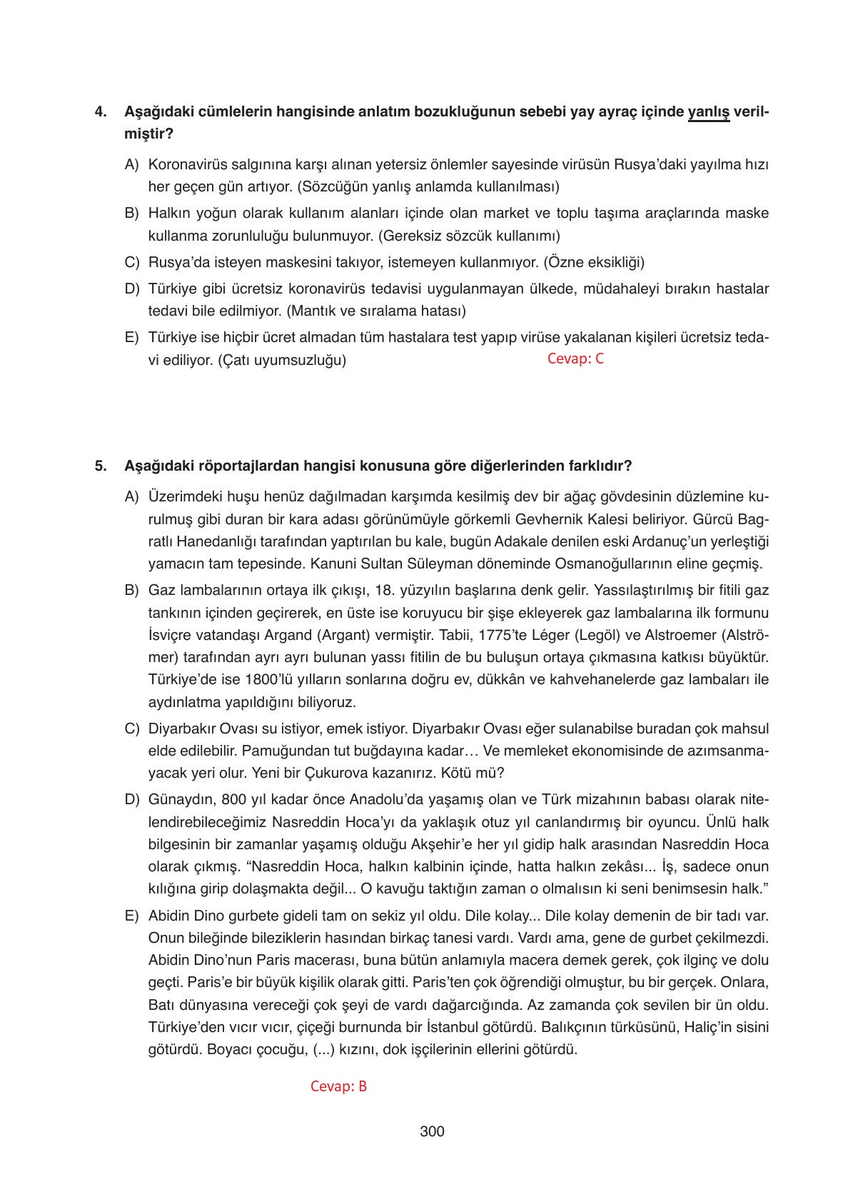11. Sınıf Ata Yayıncılık Türk Dili Ve Edebiyatı Ders Kitabı Sayfa 300 Cevapları