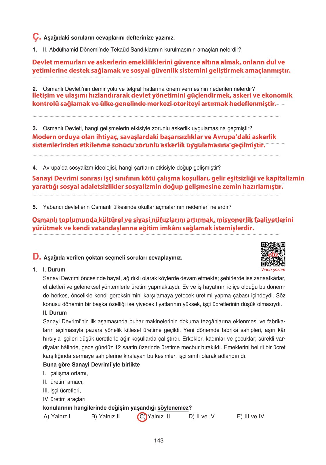 11. Sınıf Ders Destek Yayınları Tarih Ders Kitabı Sayfa 143 Cevapları