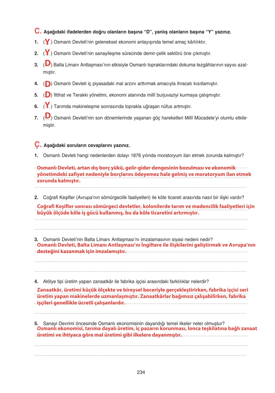 11. Sınıf Ders Destek Yayınları Tarih Ders Kitabı Sayfa 234 Cevapları