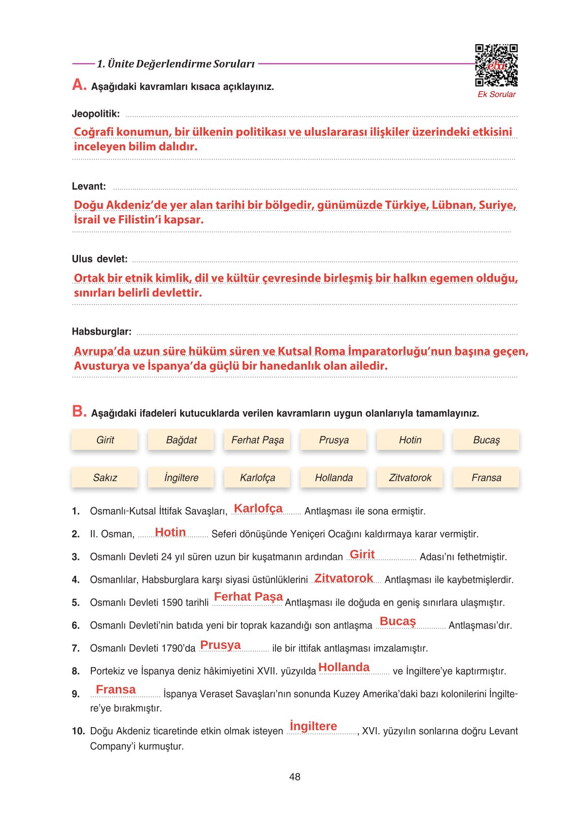 11. Sınıf Ders Destek Yayınları Tarih Ders Kitabı Sayfa 48 Cevapları