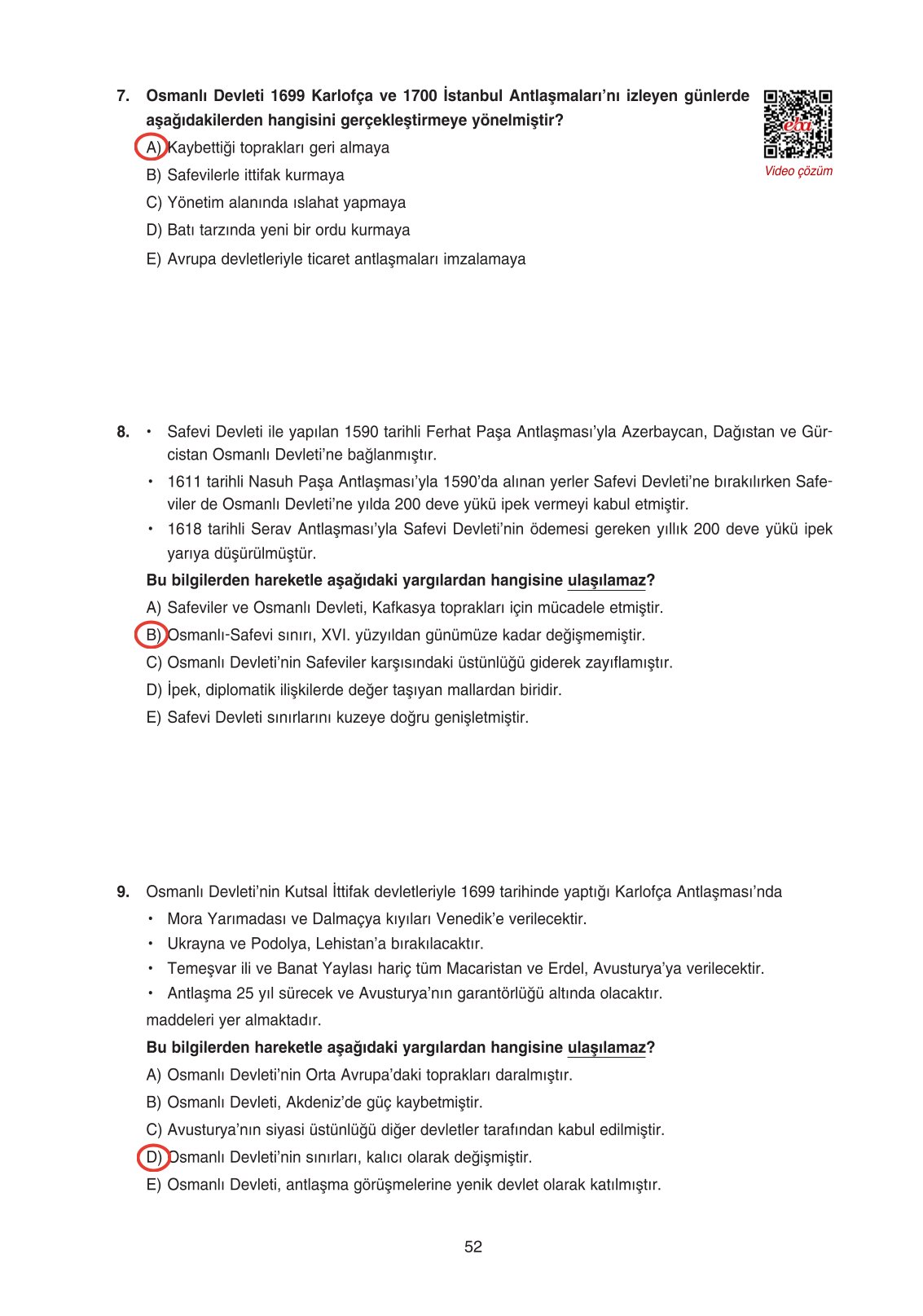 11. Sınıf Ders Destek Yayınları Tarih Ders Kitabı Sayfa 52 Cevapları