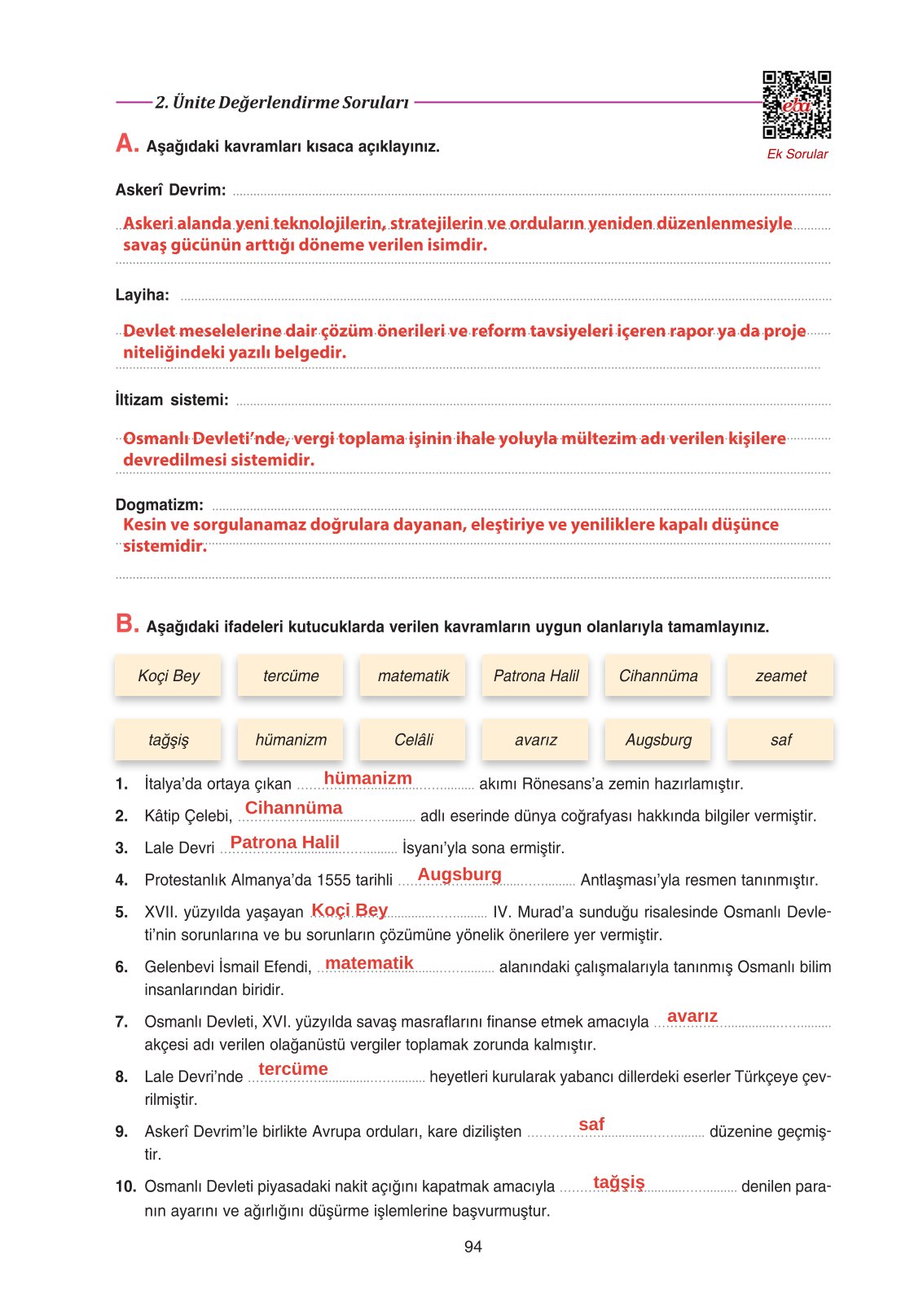 11. Sınıf Ders Destek Yayınları Tarih Ders Kitabı Sayfa 94 Cevapları
