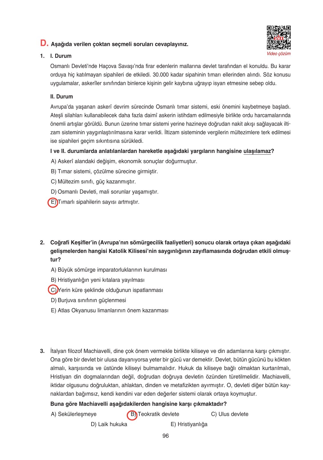 11. Sınıf Ders Destek Yayınları Tarih Ders Kitabı Sayfa 96 Cevapları