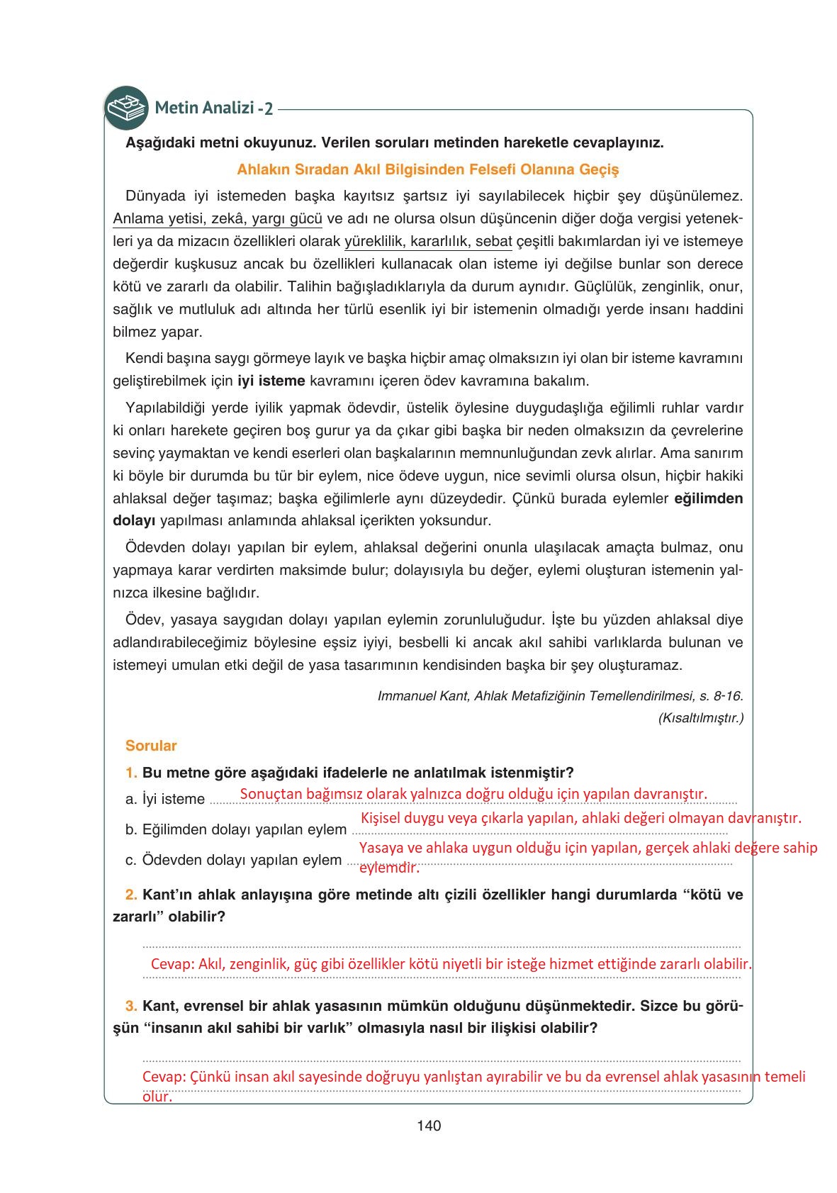 11. Sınıf Hisar Yayıncılık Felsefe Ders Kitabı Sayfa 141 Cevapları