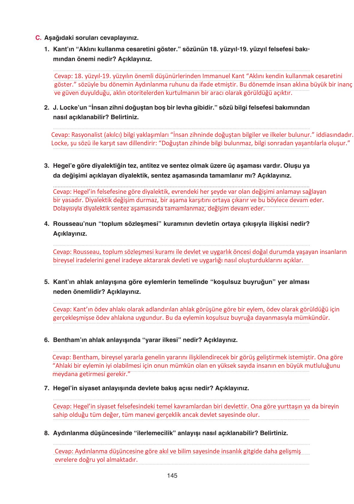 11. Sınıf Hisar Yayıncılık Felsefe Ders Kitabı Sayfa 146 Cevapları