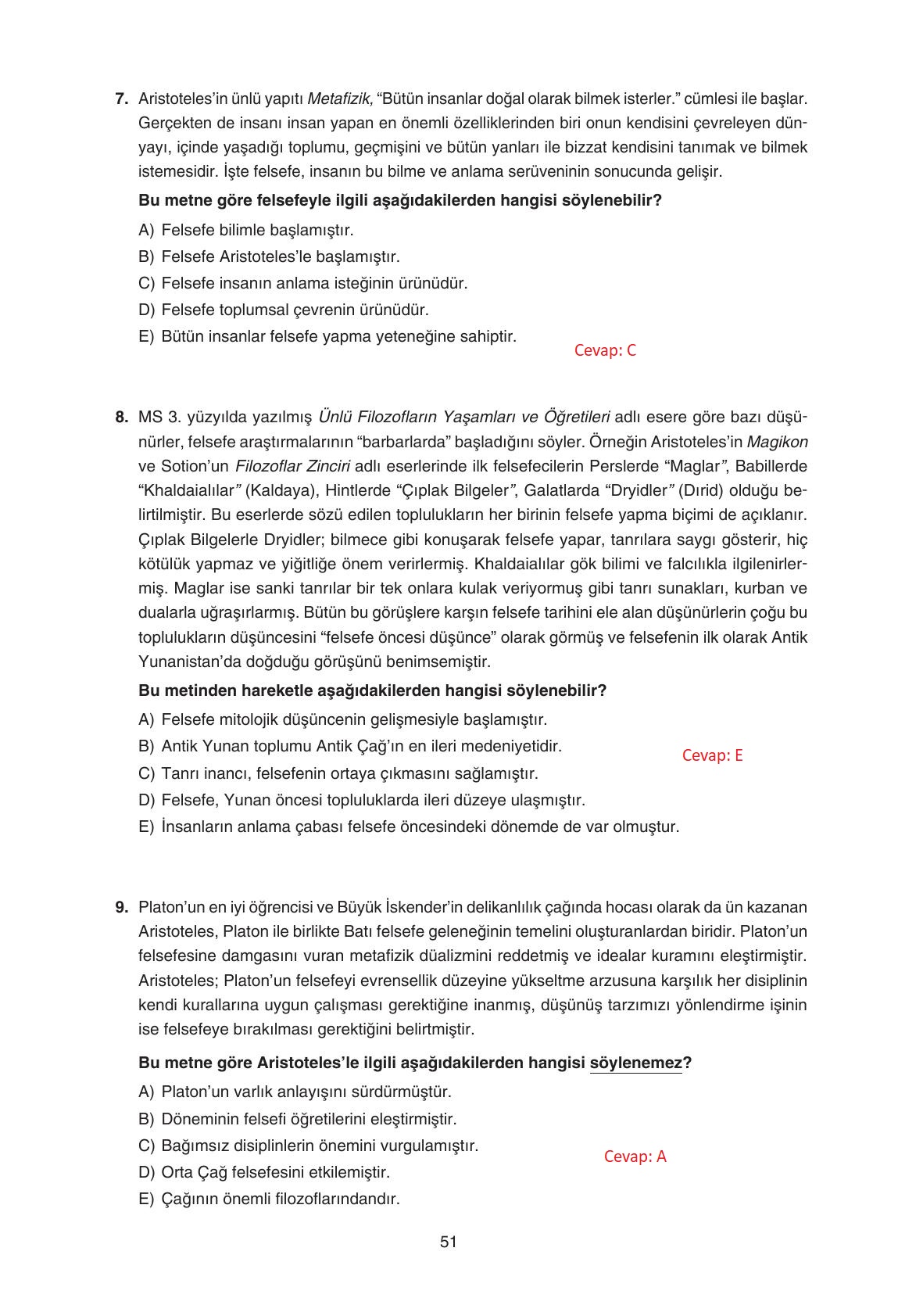 11. Sınıf Hisar Yayıncılık Felsefe Ders Kitabı Sayfa 52 Cevapları