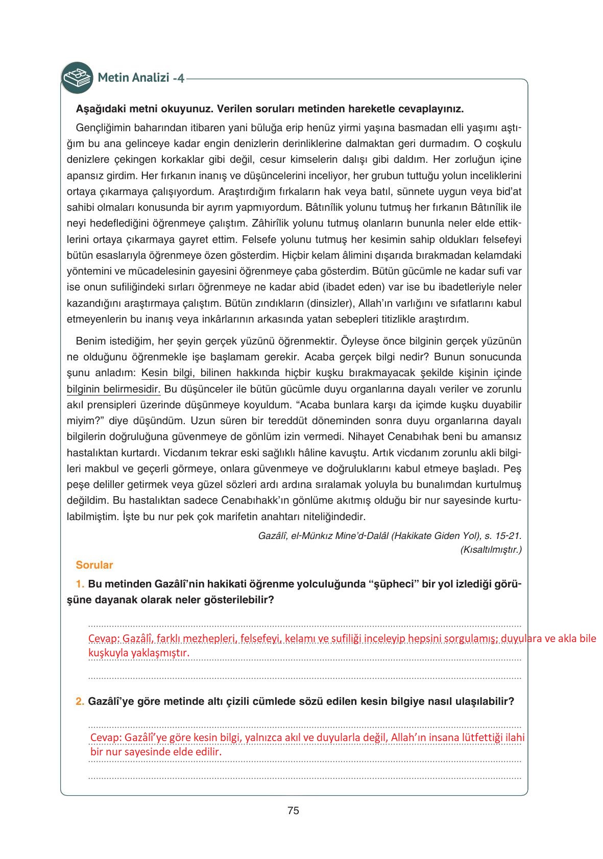 11. Sınıf Hisar Yayıncılık Felsefe Ders Kitabı Sayfa 76 Cevapları