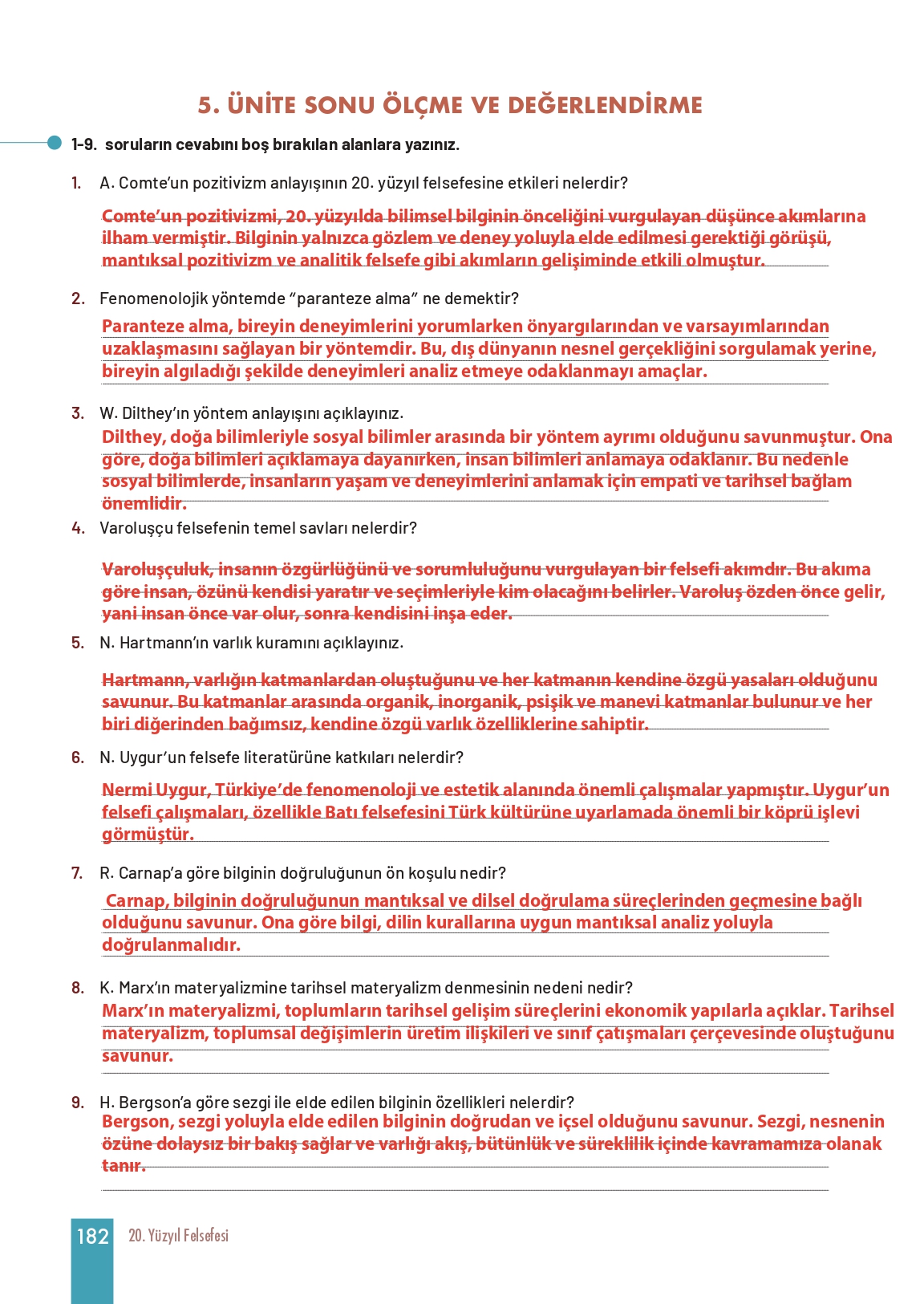 11. Sınıf Meb Yayınları Felsefe Ders Kitabı Sayfa 182 Cevapları