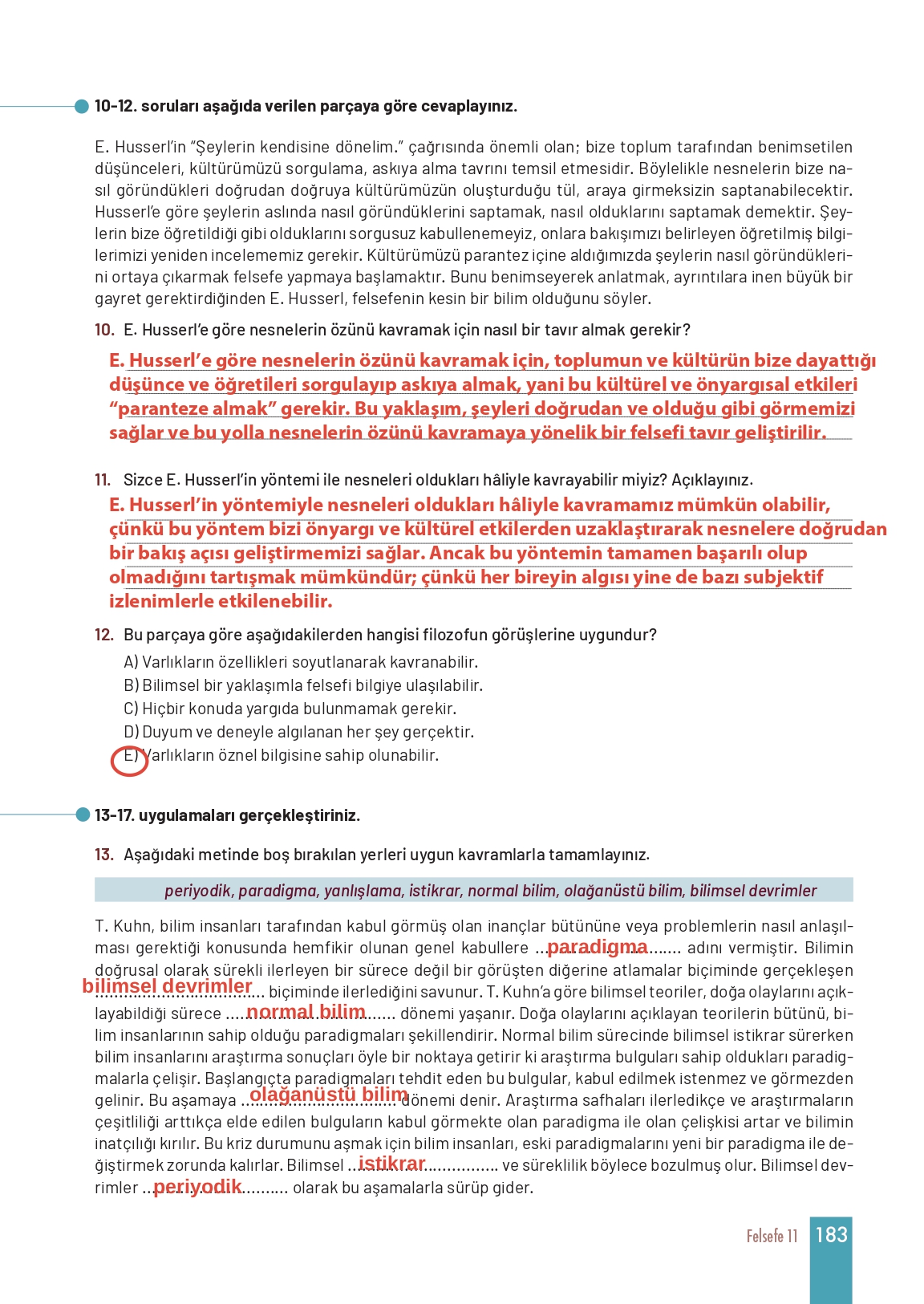 11. Sınıf Meb Yayınları Felsefe Ders Kitabı Sayfa 183 Cevapları