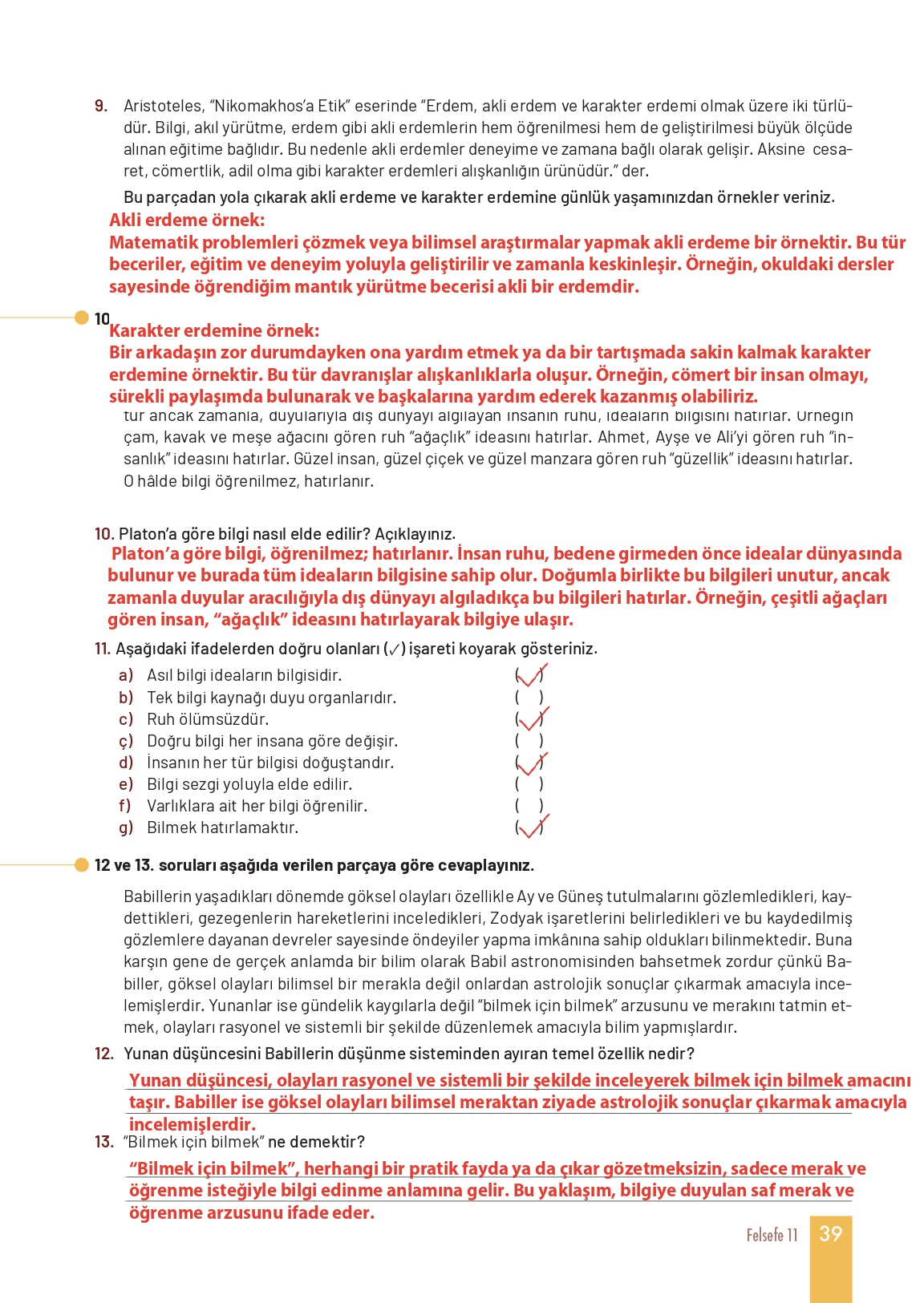 11. Sınıf Meb Yayınları Felsefe Ders Kitabı Sayfa 39 Cevapları