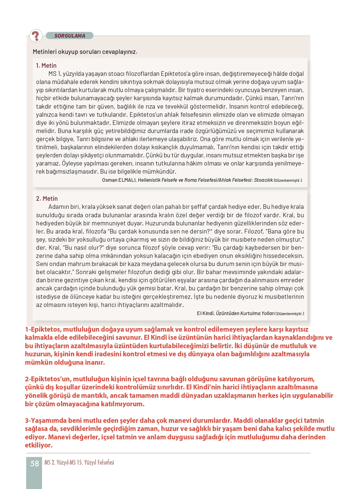 11. Sınıf Meb Yayınları Felsefe Ders Kitabı Sayfa 58 Cevapları
