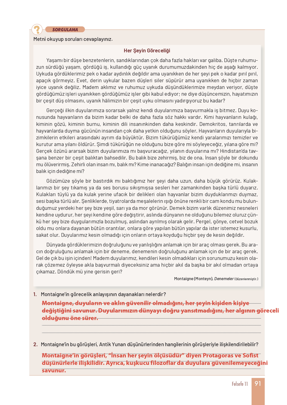11. Sınıf Meb Yayınları Felsefe Ders Kitabı Sayfa 91 Cevapları 11. Sınıf Meb Yayınları Felsefe Ders Kitabı Sayfa 91 Cevapları
