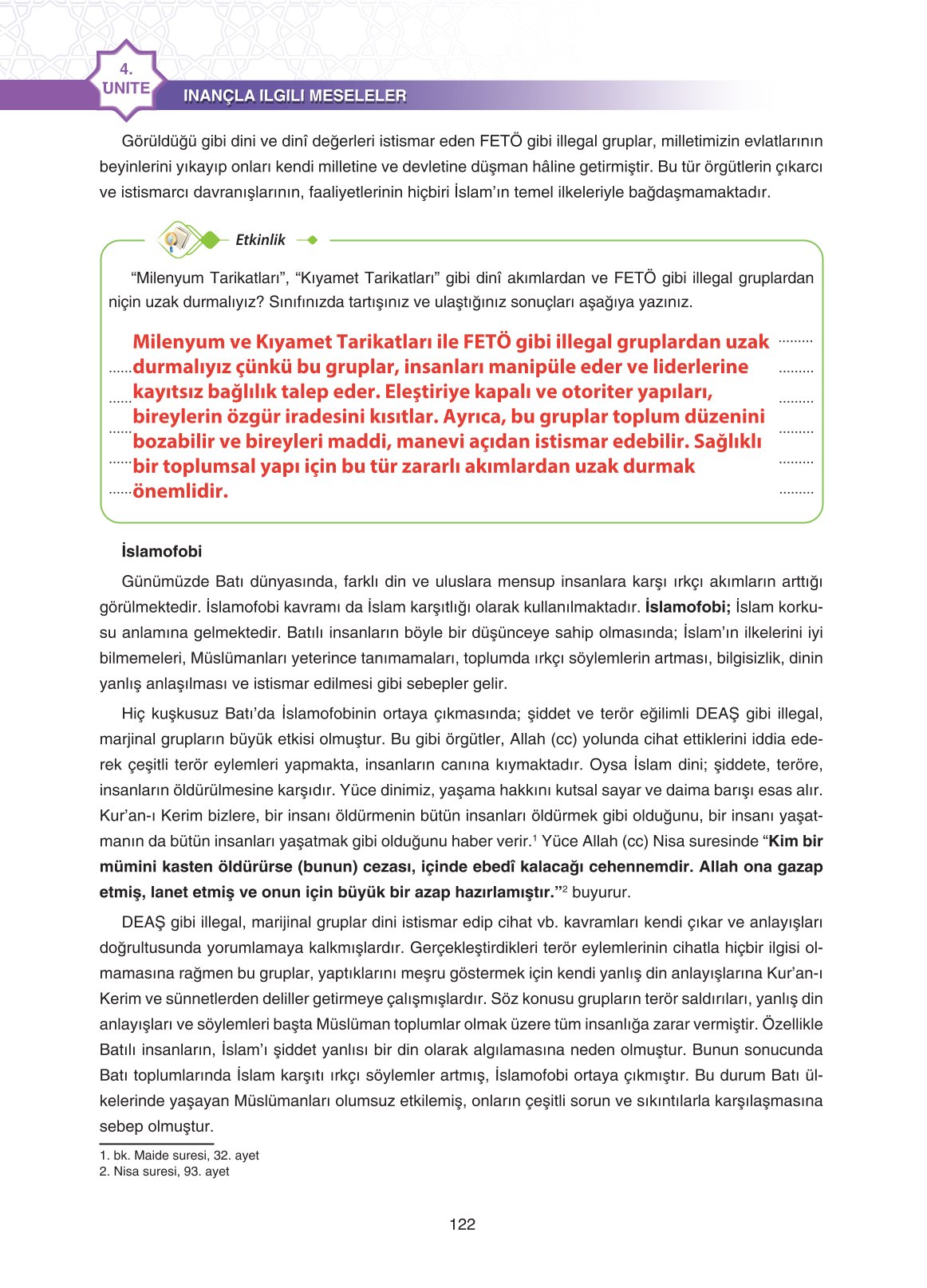 11. Sınıf Sdr İpekyolu Yayıncılık Din Kültürü Ve Ahlak Bilgisi Ders Kitabı Sayfa 122 Cevapları