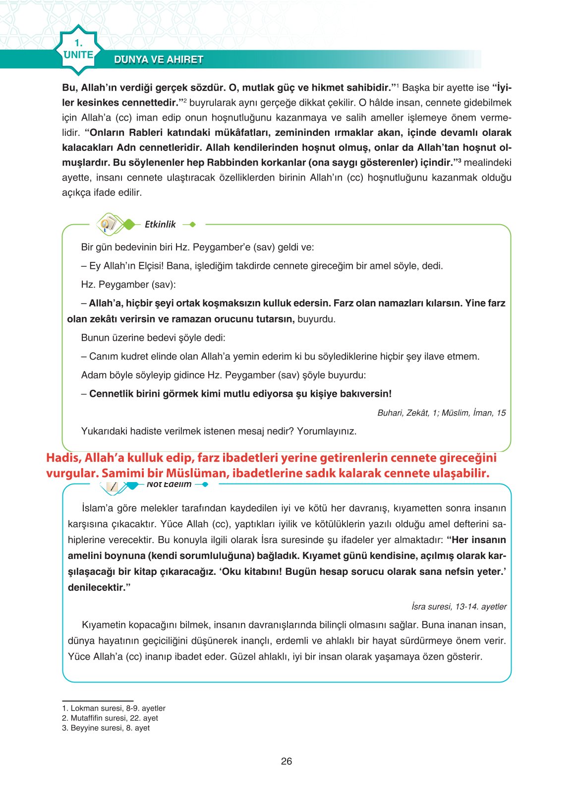 11. Sınıf Sdr İpekyolu Yayıncılık Din Kültürü Ve Ahlak Bilgisi Ders Kitabı Sayfa 26 Cevapları